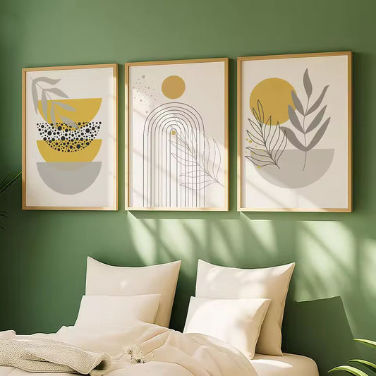 Bohemian Abstract Wall Art Mustard Yellow and Grey Mustard Minimalist Botanical Geometric Prints for Living Room Bedroom Decor