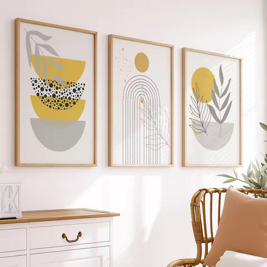 Bohemian Abstract Wall Art Mustard Yellow and Grey Mustard Minimalist Botanical Geometric Prints for Living Room Bedroom Decor